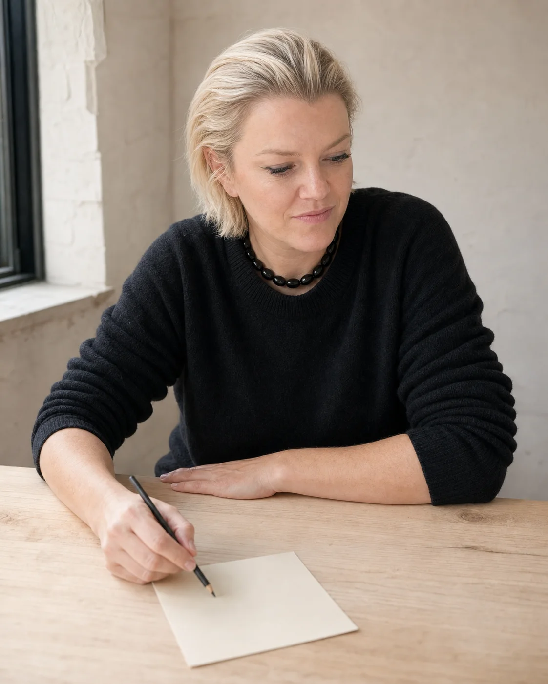 Michelle Sadlier marking a blank page at a pale timber worktable