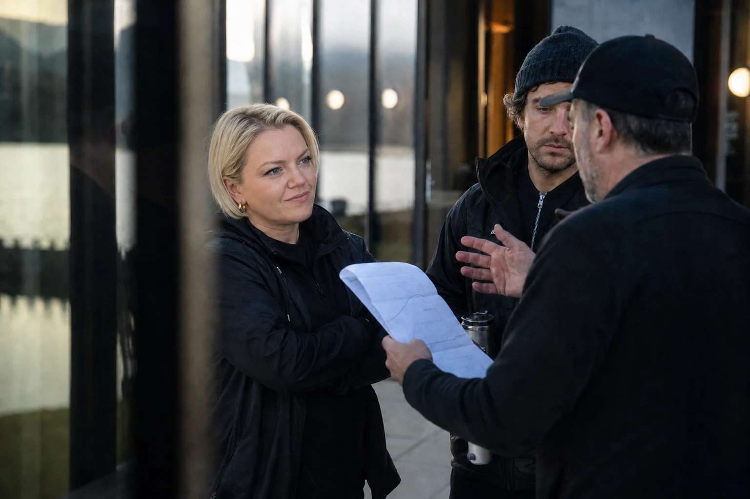 Michelle Sadlier listening during a production debrief with two colleagues